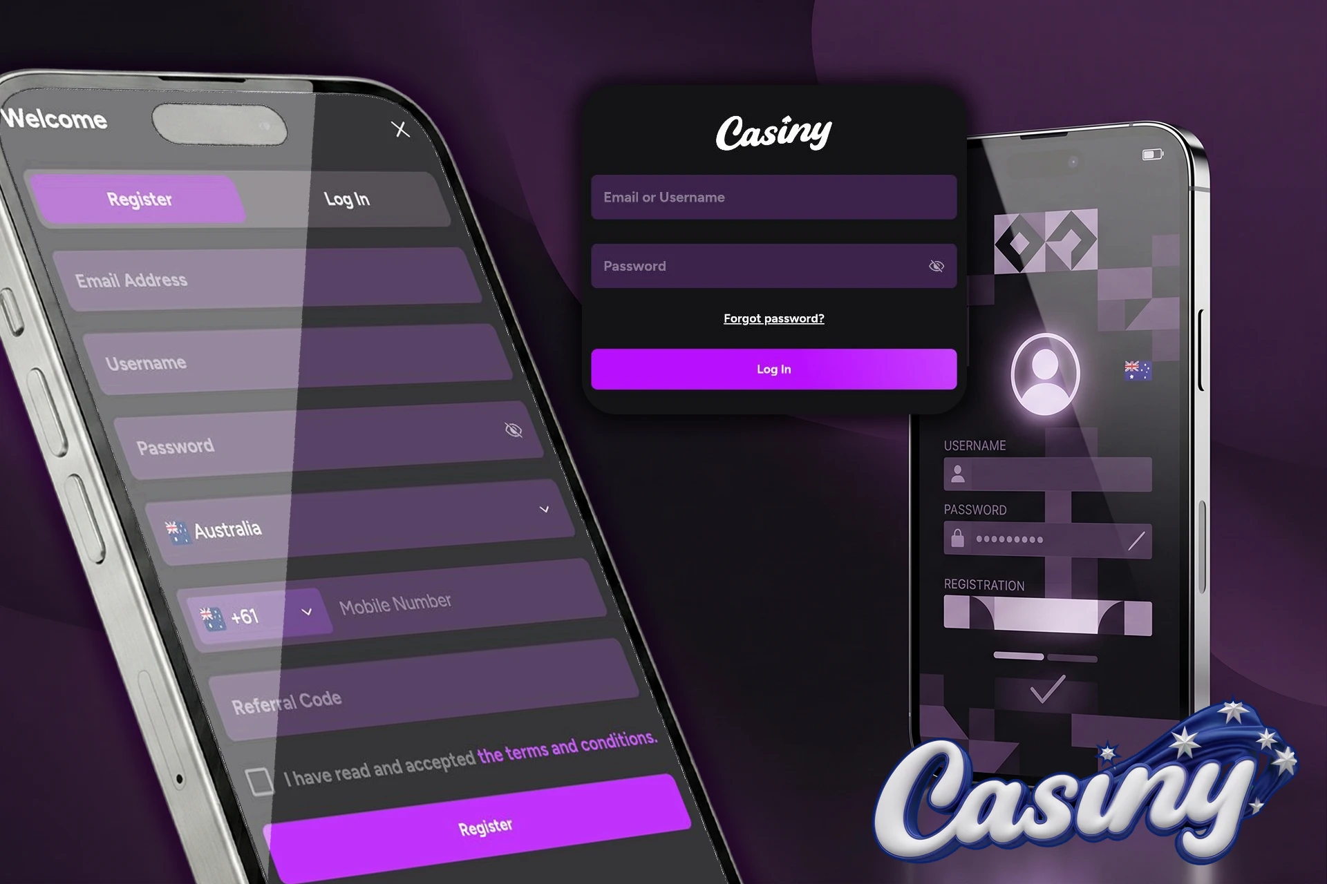 Secure account registration and login process for Australian players at Casiny, showing the mobile sign-up form with local phone code settings